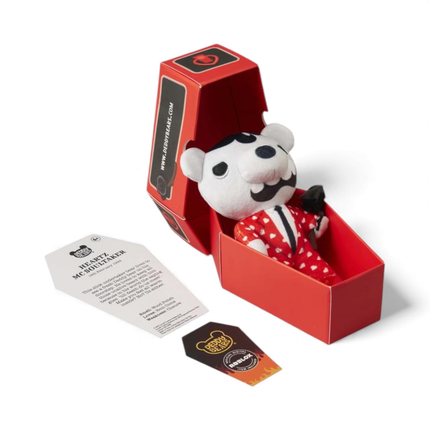 Product view of Heartz Mc Soultaker from Deddy Bears Valentine's Series 2, a white bear in a red heart suit holding a black rose inside a red coffin box.