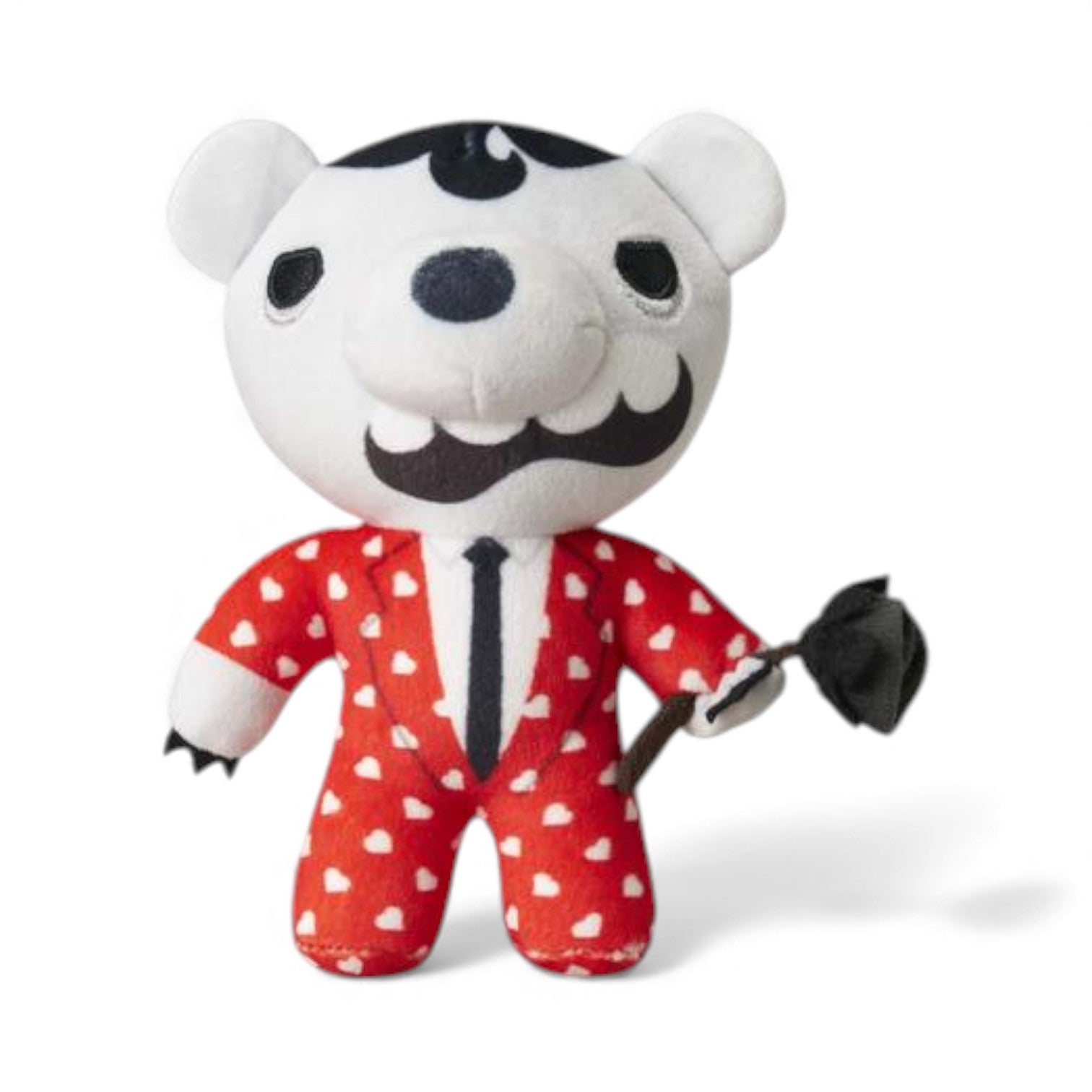 Product view of Heartz Mc Soultaker from Deddy Bears Valentine's Series 2, a white bear in a red heart suit holding a black rose.