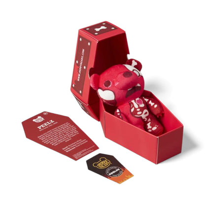 Product view of Peelz from Deddy Bears Valentine's Series 2, a red 5-inch plush
bear with peeling skin revealing a skeleton, sitting in a red coffin box.