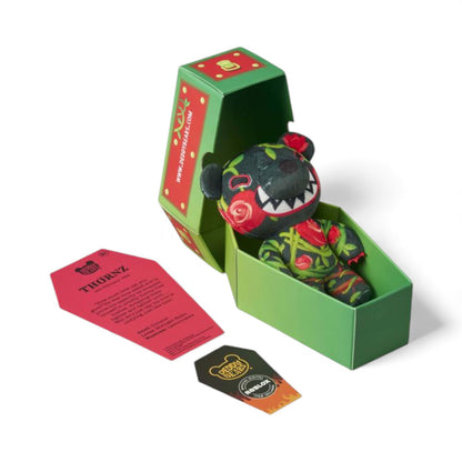 Product view of Thornz from Deddy Bears Valentine's Series 2, a 5-inch black plush bear with a rose and vine pattern sitting in a green coffin box.