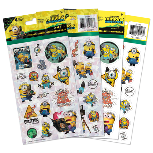 Despicable Me Minions and Monsters 4-sheet sticker pack featuring Minions in spooky costumes and fun warning signs