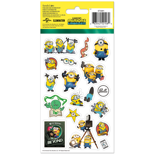 Minions stickers with a yellow backing and 'Despicable Me' branding.