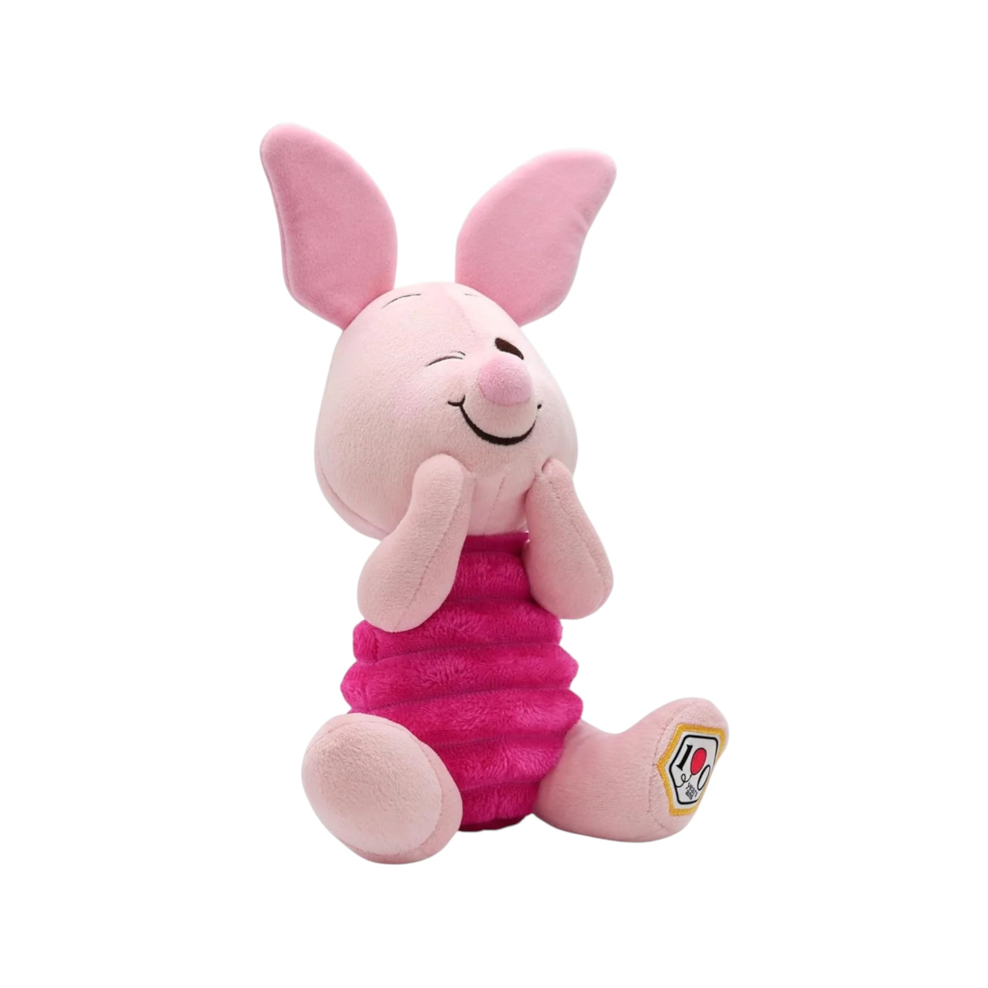 Disney 100th Anniversary Piglet plush, a soft pink pig winking with a commemorative 100 patch on the foot.