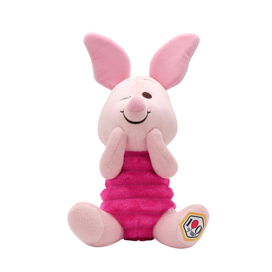 Disney 100th Anniversary Piglet plush, a soft pink pig winking with a commemorative 100 patch on the foot.