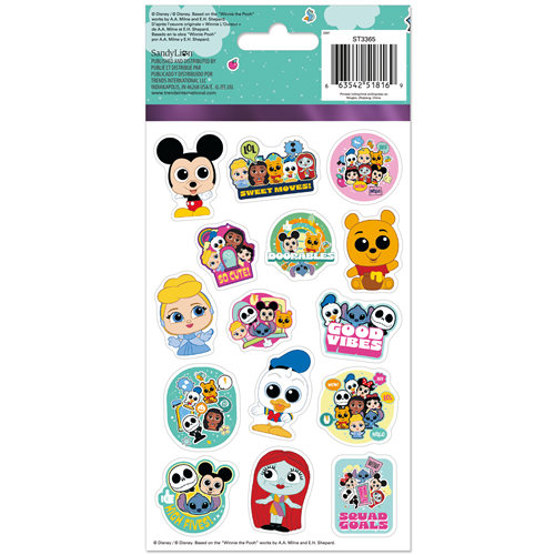 Four sheets of Disney Doorables stickers by Sandylion featuring characters like Stitch, Minnie Mouse, Jack Skellington, and Winnie the Pooh.