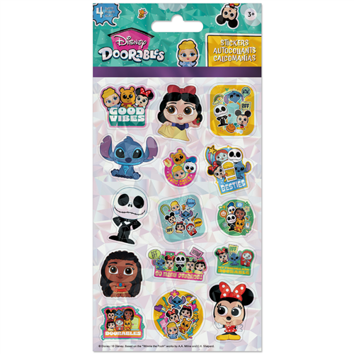 Four sheets of Disney Doorables stickers by Sandylion featuring characters like Stitch, Minnie Mouse, Jack Skellington, and Winnie the Pooh.