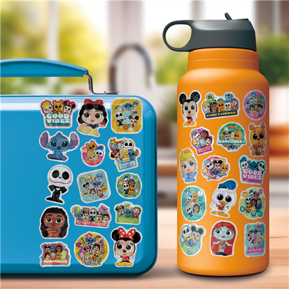 Blue lunch box and orange water bottle with Four sheets of Disney Doorables stickers by Sandylion featuring characters like Stitch, Minnie Mouse, Jack Skellington, and Winnie the Pooh. on a blurred outdoor background