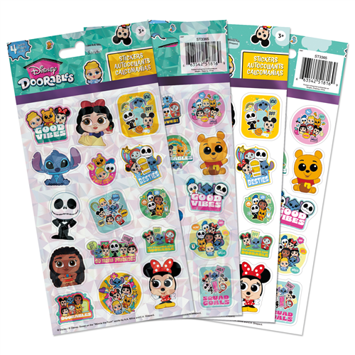 Four sheets of Disney Doorables stickers by Sandylion featuring characters like Stitch, Minnie Mouse, Jack Skellington, and Winnie the Pooh.