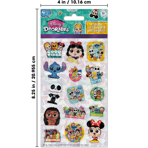Sheet of Disney Doorables stickers with various characters on a white background