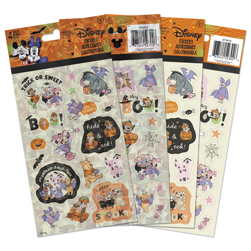 Disney Friends Halloween 4-sheet sticker pack featuring Mickey, Minnie, Winnie the Pooh, and friends in cute spooky costumes
