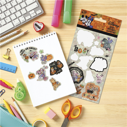 Disney Friends Halloween 4-sheet sticker pack featuring Mickey, Minnie, Winnie the Pooh, and friends in cute spooky costumes