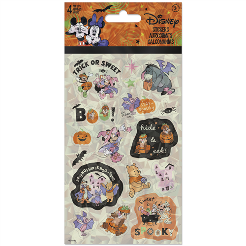 Disney Friends Halloween 4-sheet sticker pack featuring Mickey, Minnie, Winnie the Pooh, and friends in cute spooky costumes