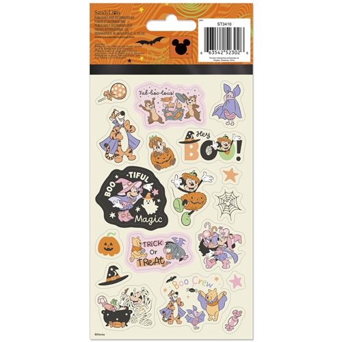 Disney Friends Halloween 4-sheet sticker pack featuring Mickey, Minnie, Winnie the Pooh, and friends in cute spooky costumes