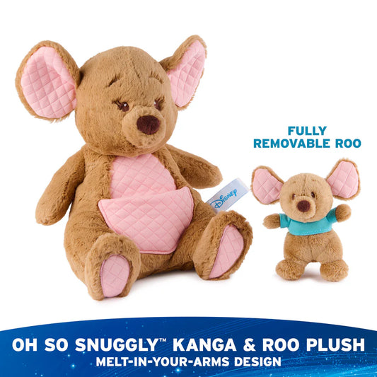Plush toys Kanga and Roo with text indicating a fully removable Roo, on a white background.