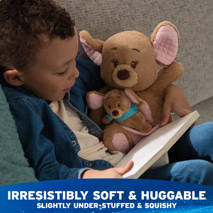 Child holding a book with teddy bears on a couch, text about product characteristics.