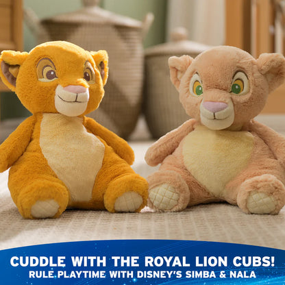 Two plush toys resembling Simba and Nala from Disney's The Lion King on a textured surface with a blurred background.