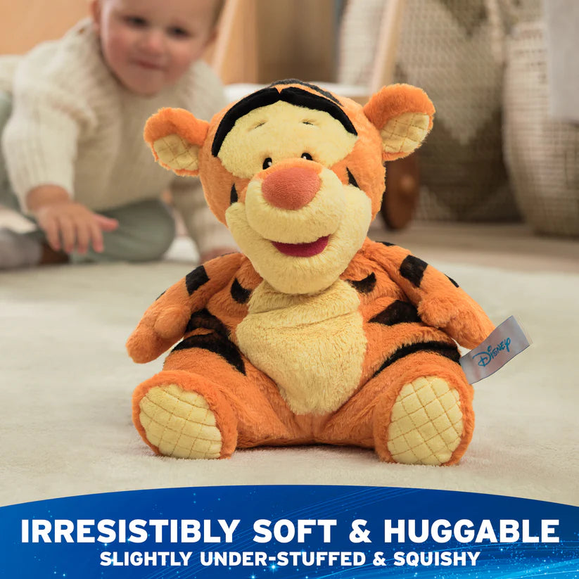 Plush tiger toy with a child in the background, text about softness and huggability.