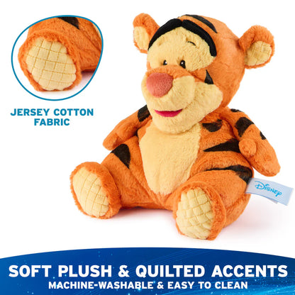 Plush tiger toy with jersey cotton fabric and Disney tag on a white background