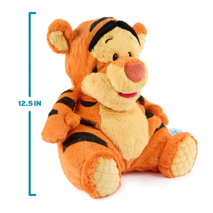 Plush toy tiger with dimensions on a white background