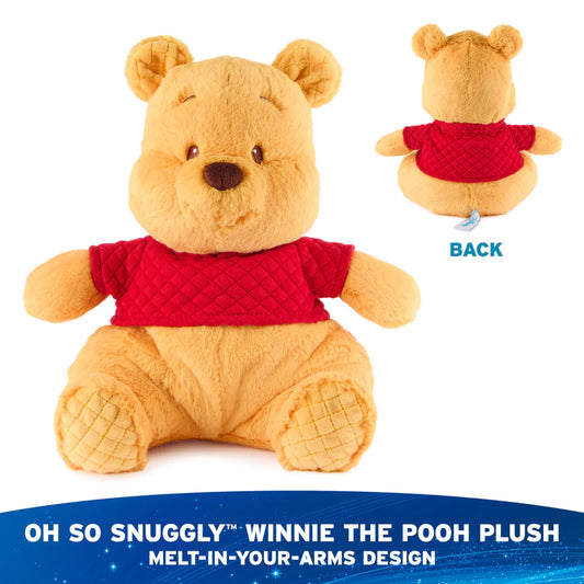 Disney GUND Oh So Snuggly Winnie the Pooh 12.5-inch plush, a yellow bear with a red quilted shirt., front and back views, on a white background.