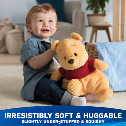 Child holding a plush toy bear in a living room setting with text about the toy's softness.
