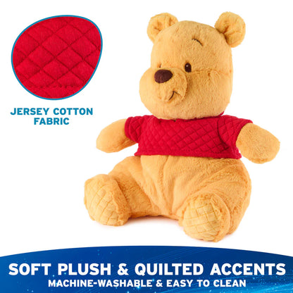 Plush bear toy with red quilted shirt and jersey cotton fabric detail, on a white background.