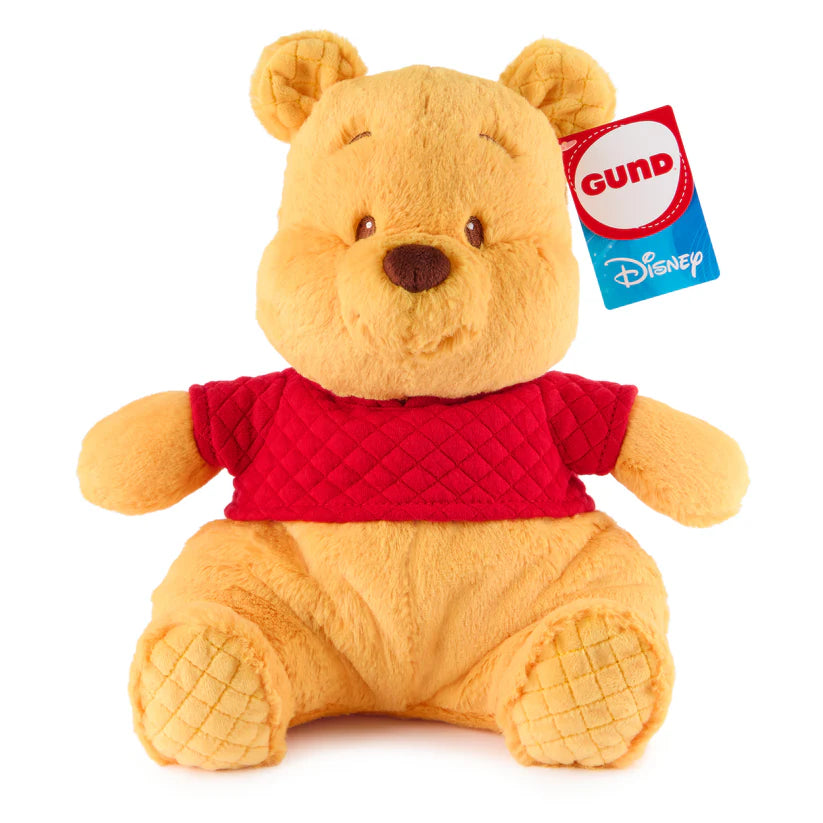Disney GUND Oh So Snuggly Winnie the Pooh 12.5-inch plush, a yellow bear with a red quilted shirt.