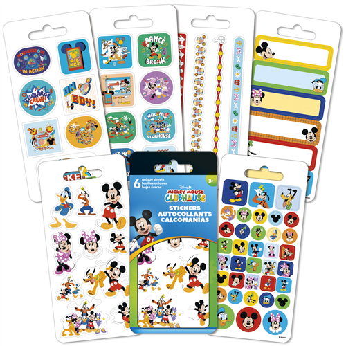 Six sheets of officially licensed Disney Mickey Mouse Clubhouse stickers by Sandylion featuring Mickey, Minnie, and friends.