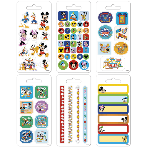 Collection of Mickey Mouse-themed stickers and labels on white backgrounds