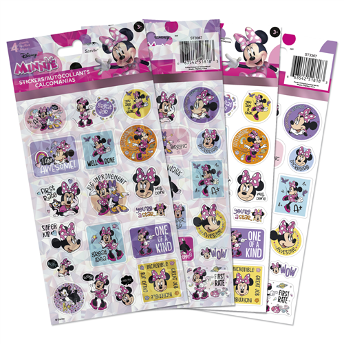 Four sheets of officially licensed Disney Minnie Mouse educational and reward stickers by Sandylion featuring motivational quotes.