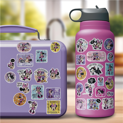 Purple lunch box and water bottle with Minnie Mouse stickers on a blurred outdoor background