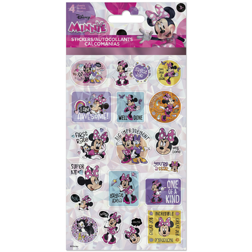 Pack of Minnie Mouse stickers with various designs on a white background