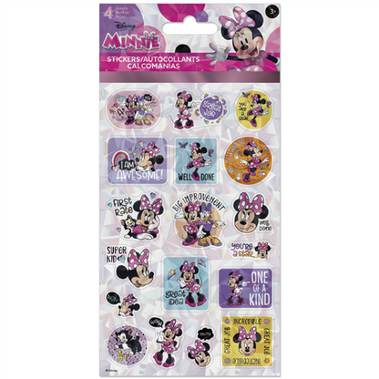 Pack of Minnie Mouse stickers with various designs on a white background