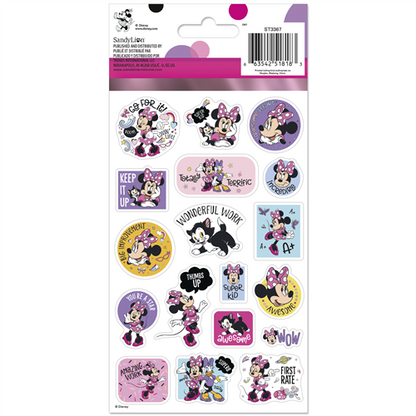 Sheet of decorative stickers featuring cartoon characters with motivational phrases on a white background.
