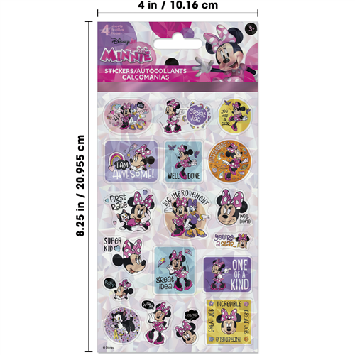 Pack of Minnie Mouse stickers with dimensions displayed