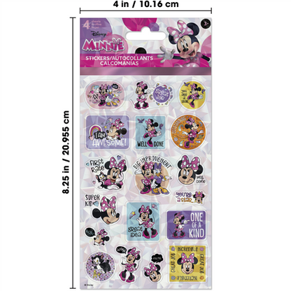 Pack of Minnie Mouse stickers with dimensions displayed