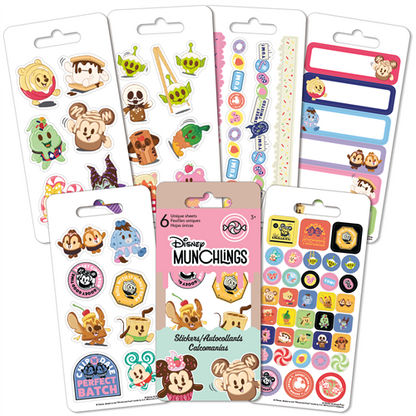Six sheets of officially licensed Disney Munchlings stickers by Sandylion featuring characters as cupcakes and bakery treats.