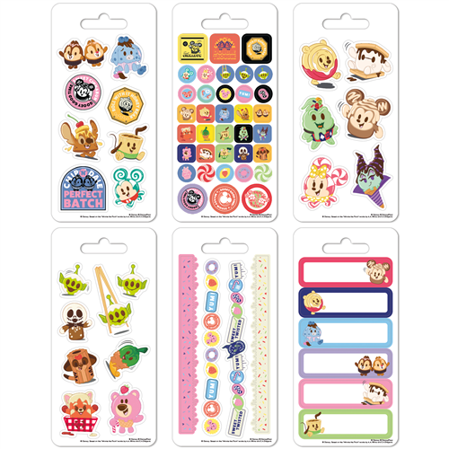 Collection of cartoon character stickers and labels on packaging