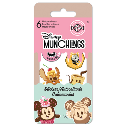 Pack of Disney Munchlings stickers with cartoon characters on a pink background