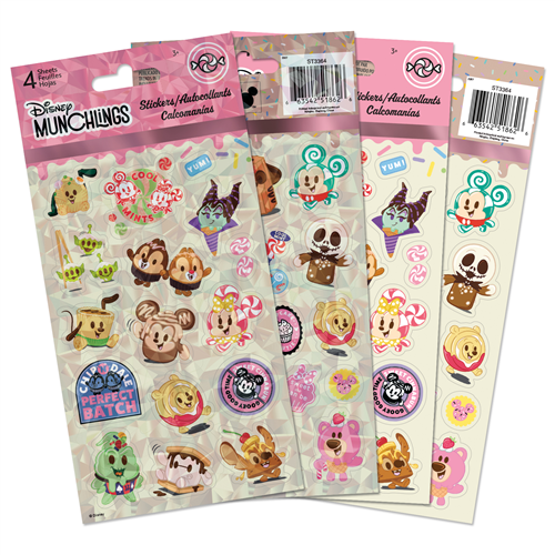 Four sheets of officially licensed Disney Munchlings stickers featuring Mickey Mouse and Maleficent as bakery treats.