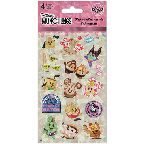 Pack of Disney Munchlings stickers with various characters on a pink background