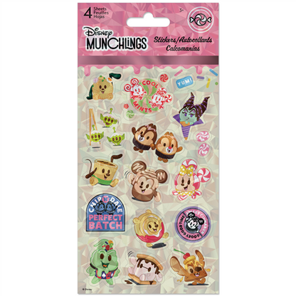 Pack of Disney Munchlings stickers with various characters on a pink background