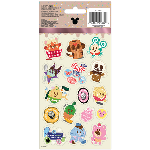 Sheet of colorful stickers featuring cartoon characters on a white background