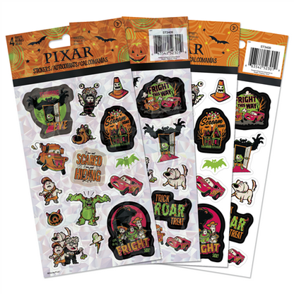 Disney Pixar Halloween 4-sheet sticker pack featuring Toy Story, Monsters Inc, Cars, and Up characters in spooky themes