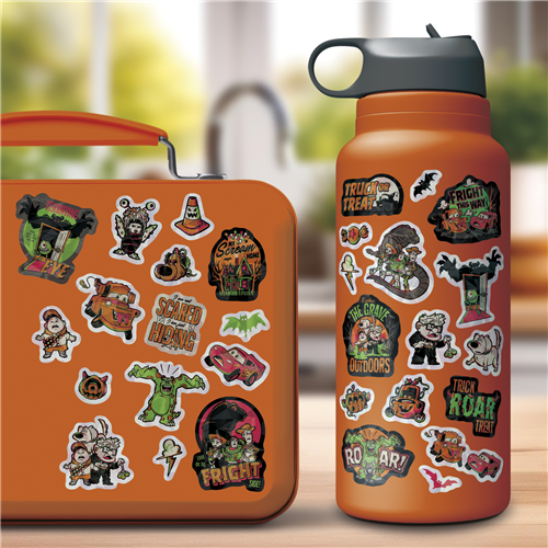 Disney Pixar Halloween 4-sheet sticker pack featuring Toy Story, Monsters Inc, Cars, and Up characters in spooky themes