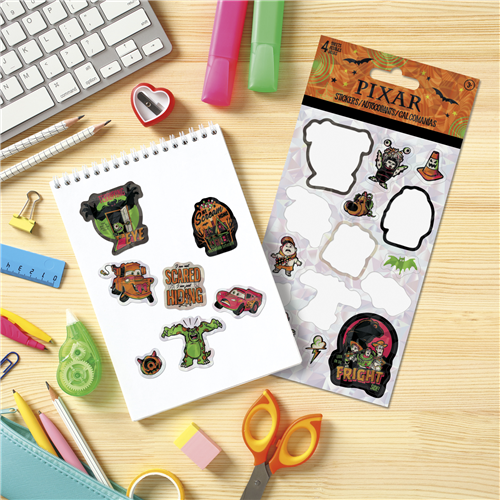 Disney Pixar Halloween 4-sheet sticker pack featuring Toy Story, Monsters Inc, Cars, and Up characters in spooky themes