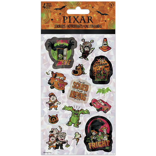 Disney Pixar Halloween 4-sheet sticker pack featuring Toy Story, Monsters Inc, Cars, and Up characters in spooky themes