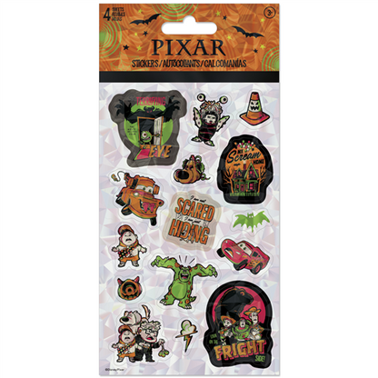 Disney Pixar Halloween 4-sheet sticker pack featuring Toy Story, Monsters Inc, Cars, and Up characters in spooky themes