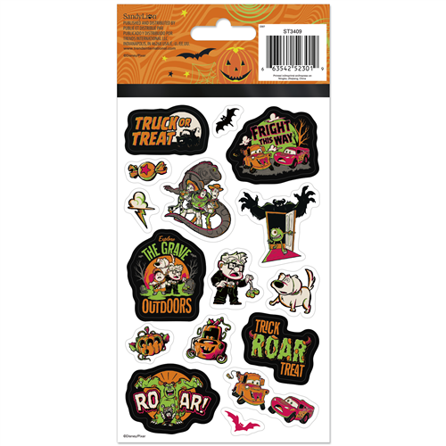Disney Pixar Halloween 4-sheet sticker pack featuring Toy Story, Monsters Inc, Cars, and Up characters in spooky themes