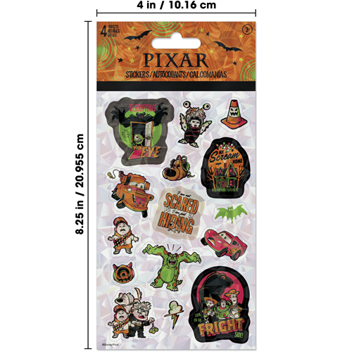 Disney Pixar Halloween 4-sheet sticker pack featuring Toy Story, Monsters Inc, Cars, and Up characters in spooky themes